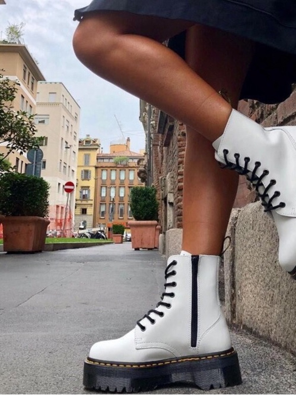 Dr. Martens White Lace-Up Platform Combat Boots with Black Laces
